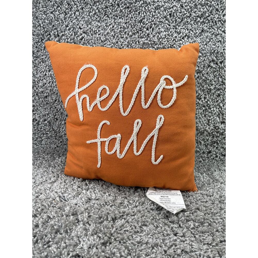 Embroidered Hello Fall Orange And Cream Color Pillow 12"x 12" Home Decor